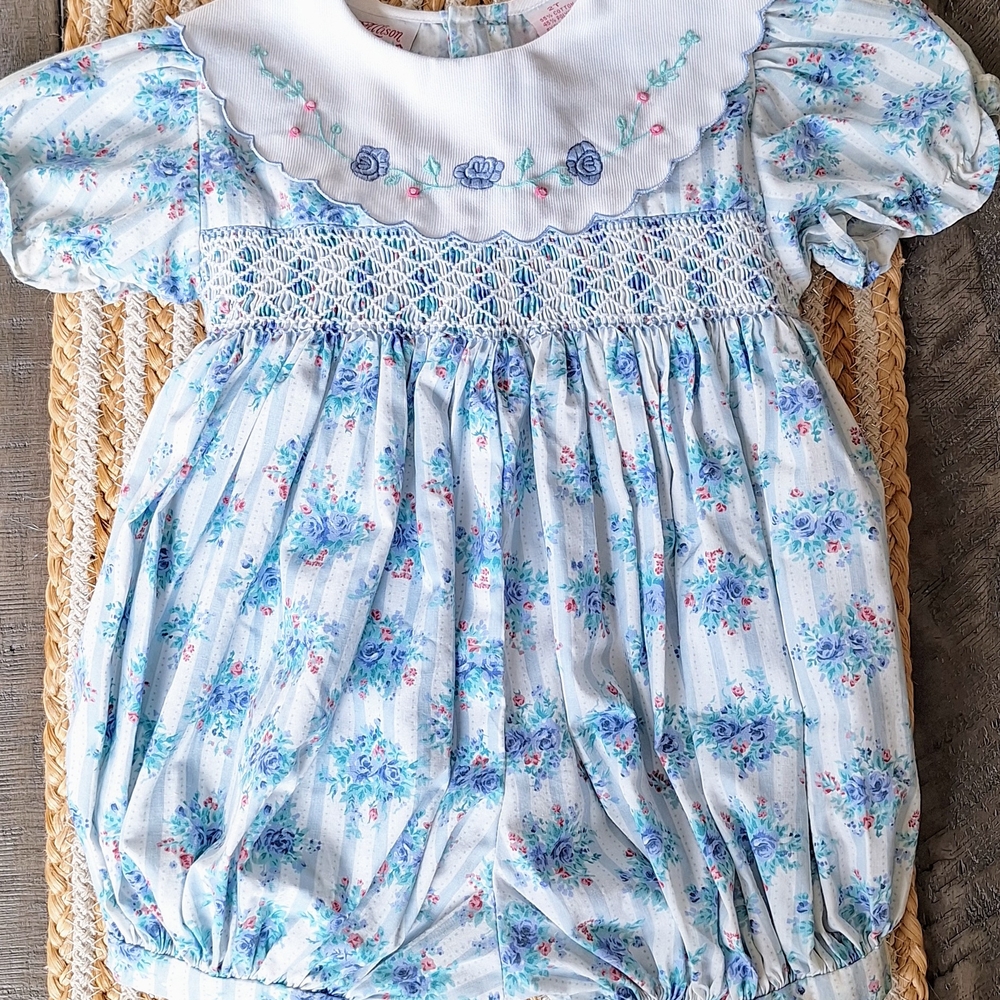 Smocked Bubble Floral Blue Kids One Piece
